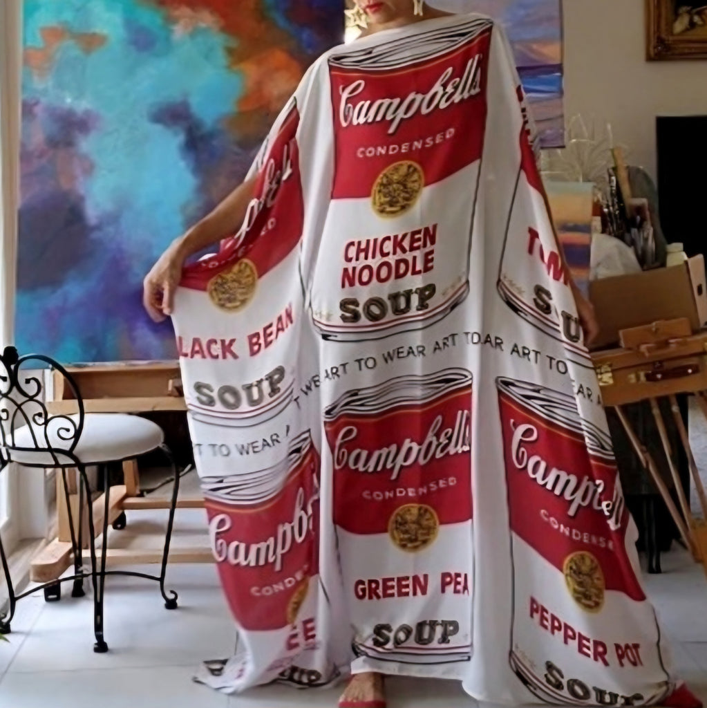 Art Basel Andy Warhol Soup / Designer Maxi Dress Boho Luxury Resort Wear Fabric Dress Artisan Concept Clothing Unique Couture