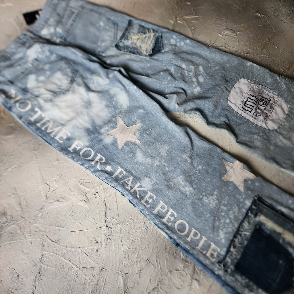 No Time For Fake People / Designer Upcycled Blue Denim Jeans Boyfriend Recycled Couture Baggy Wide-Leg Concept Streetwear