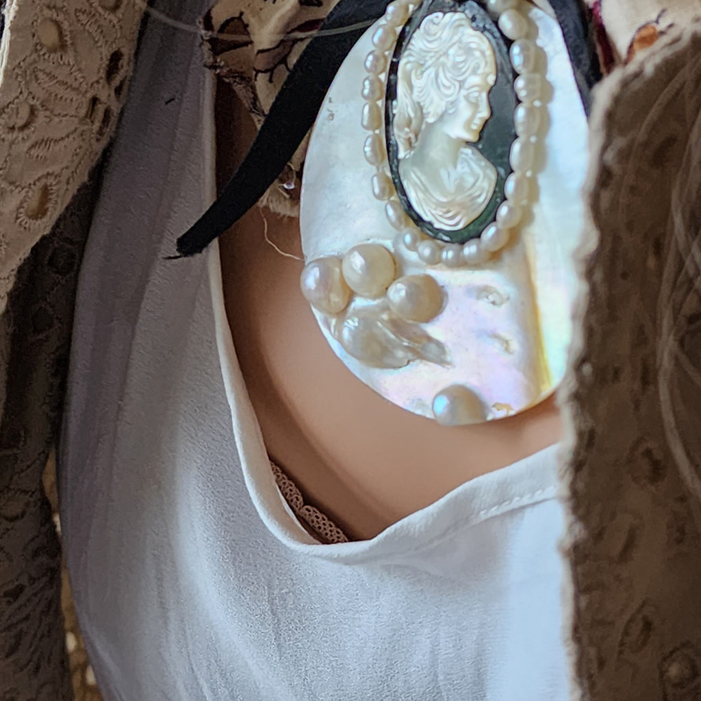 De Piano / Deigner Necklace Shabby Chic Jabot Large Rose Magnolia Black Bow tie Handcrafted Large Cameo Necklace