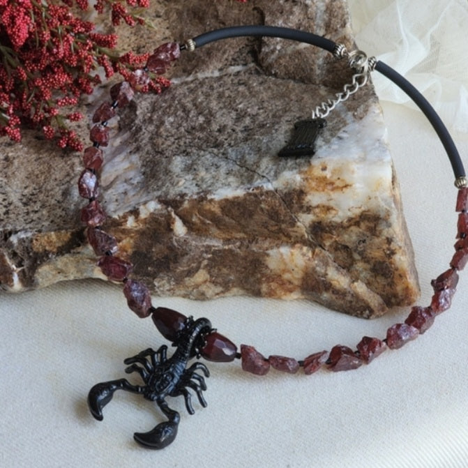 SCORPIO / Large Pendant Raw Natural Garnet Crystals Black Rhodium BohoRaw Natural Garnet nuggets/