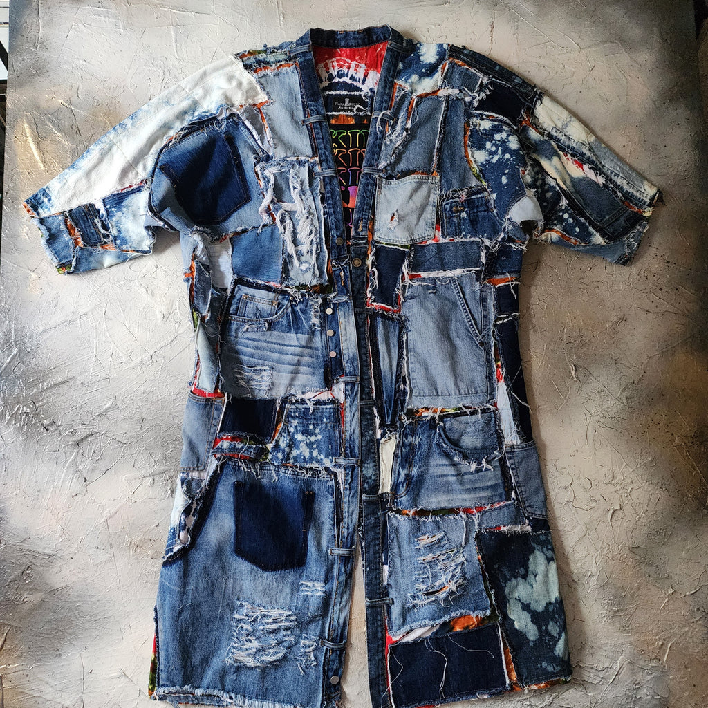 Marilyn Tattoo Shop / Boho Kimono Duster Upcycled Vintage Denim Concept Tatoo Marilyn Monroe Patchwork Kimono