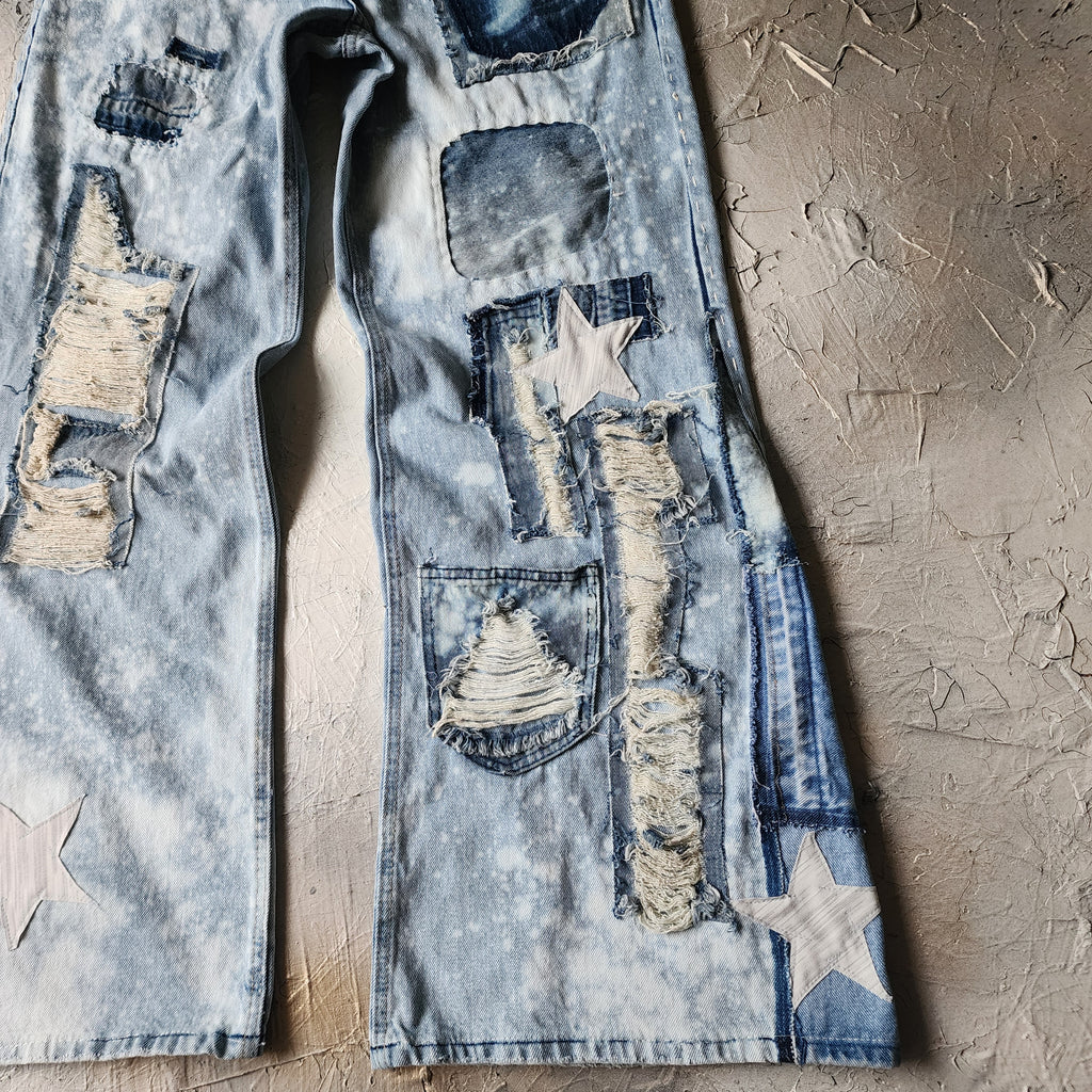 No Time For Fake People / Designer Upcycled Blue Denim Jeans Boyfriend Recycled Couture Baggy Wide-Leg Concept Streetwear