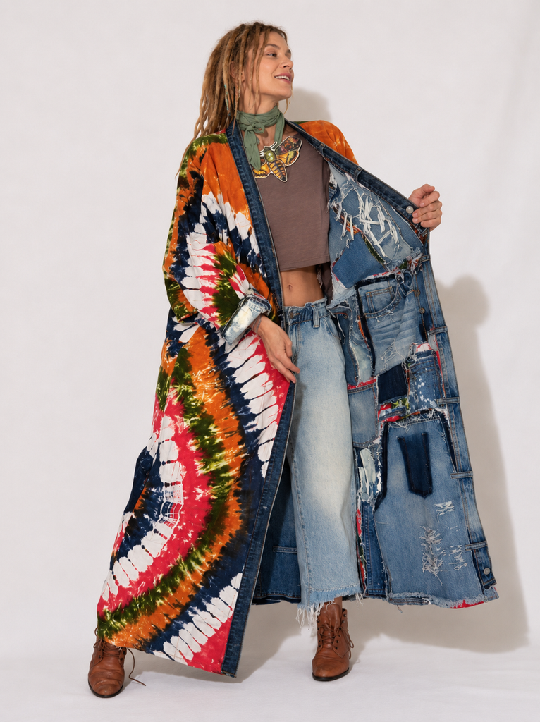 Marilyn Tattoo Shop / Boho Kimono Duster Upcycled Vintage Denim Concept Tatoo Marilyn Monroe Patchwork Avant-gardeKimono