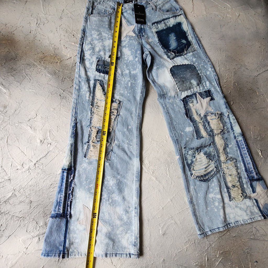 No Time For Fake People / Designer Upcycled Blue Denim Jeans Boyfriend Recycled Couture Baggy Wide-Leg Concept Streetwear