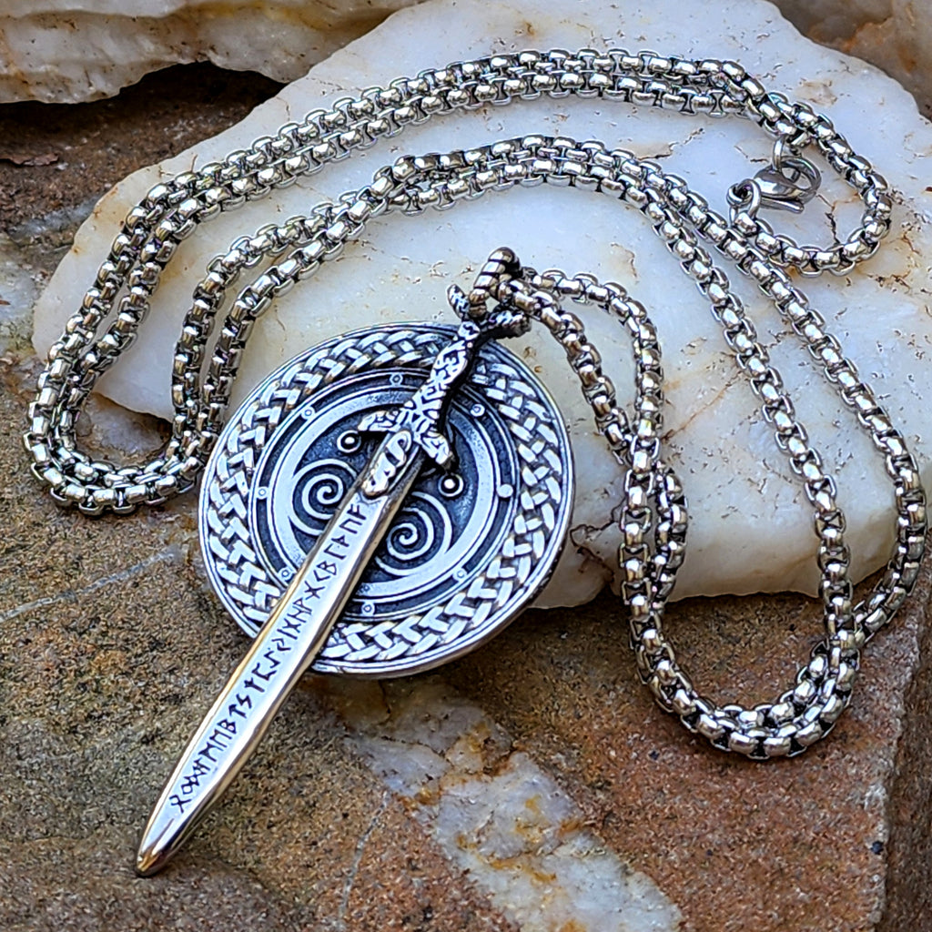 Swords And Runes / Unique Necklace for Men Silver Necklace Pendant Gift Guy Mens Gift Idea