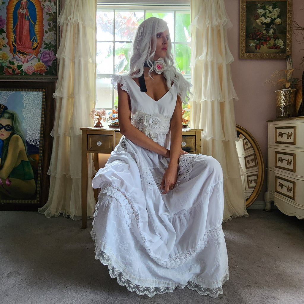 Spread Love Rose / Designer Maxi Dress size L/M Vintage Lace Edwardian Off-White Cotton Magnolia Belt Flower