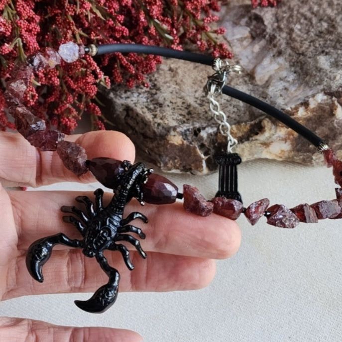 SCORPIO / Large Pendant Raw Natural Garnet Crystals Black Rhodium BohoRaw Natural Garnet nuggets/
