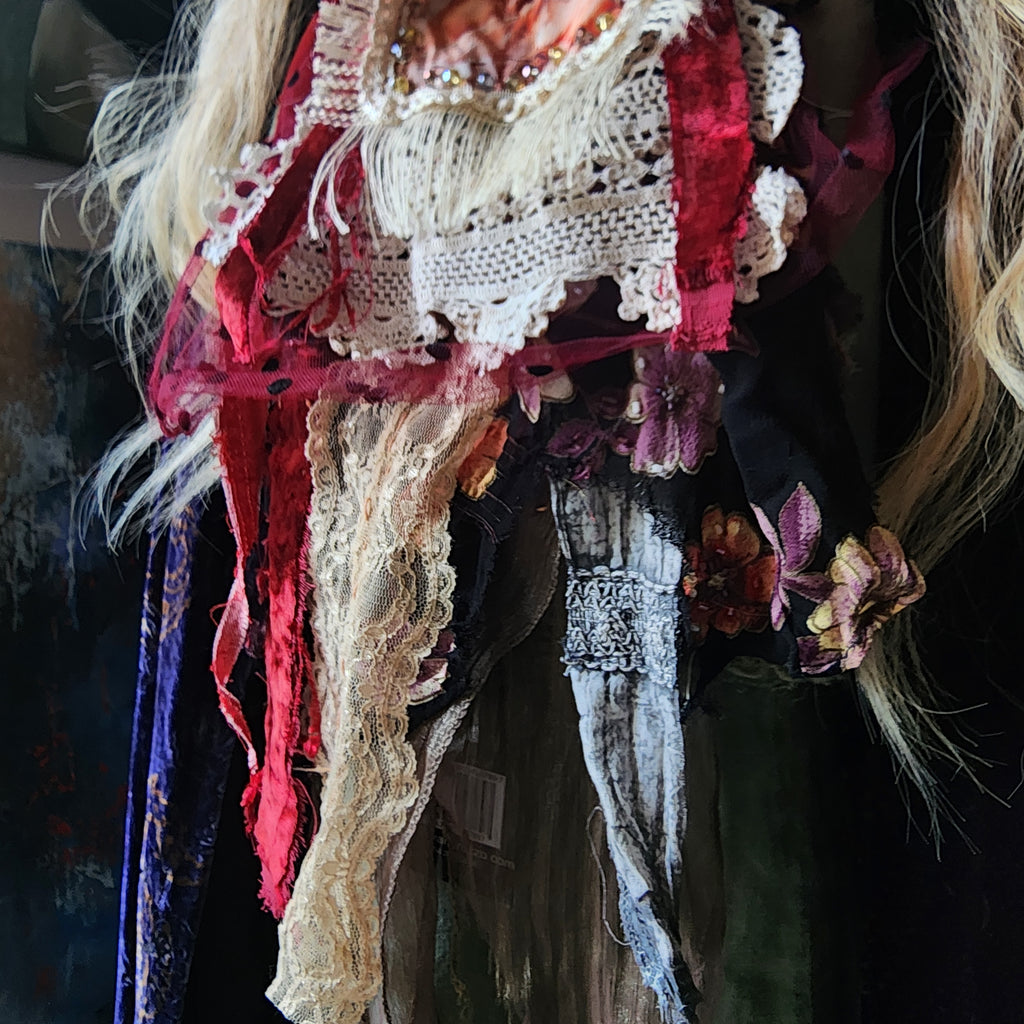 Angels Bordeaux / Victorian Jabot Avangard Upcycled Accessories Vintage Lace Burgundy Velvet Magnolia Sustainable Designer Concept