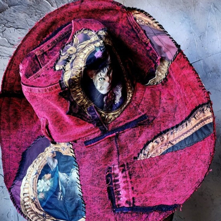 Baroque Cat / Burgundy Denim Designer Top Hat Ripped Patched Cottage Hand Stitched Of-White Peony/Rose Pin