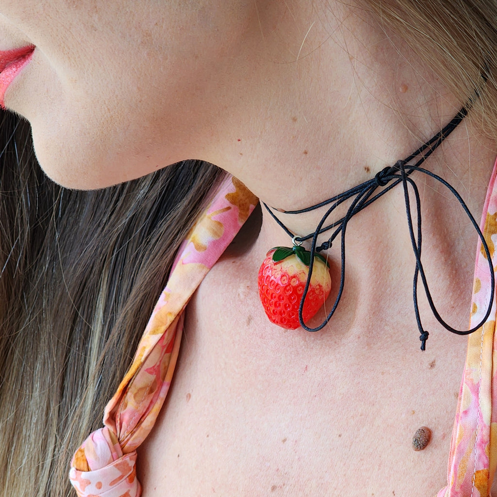 Strawberry Babe / Boho Jewelry Avangard Vintage Toy Choker Flower Bow Strawberry Upcycled Recycled Concept Store