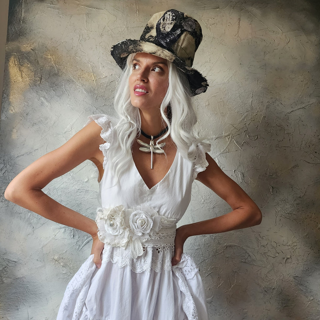 Spread Love Rose / Designer Maxi Dress size L/M Vintage Lace Edwardian Off-White Cotton Magnolia Belt Flower