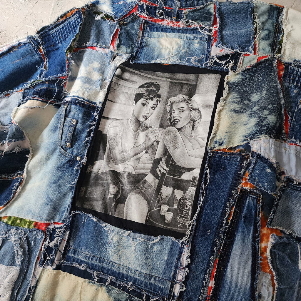 Marilyn Tattoo Shop / Boho Kimono Duster Upcycled Vintage Denim Concept Tatoo Marilyn Monroe Patchwork Kimono