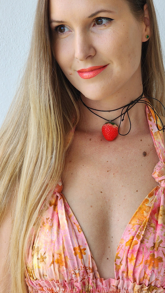 Strawberry Babe / Boho Jewelry Avangard Vintage Toy Choker Flower Bow Strawberry Upcycled Recycled Concept Store