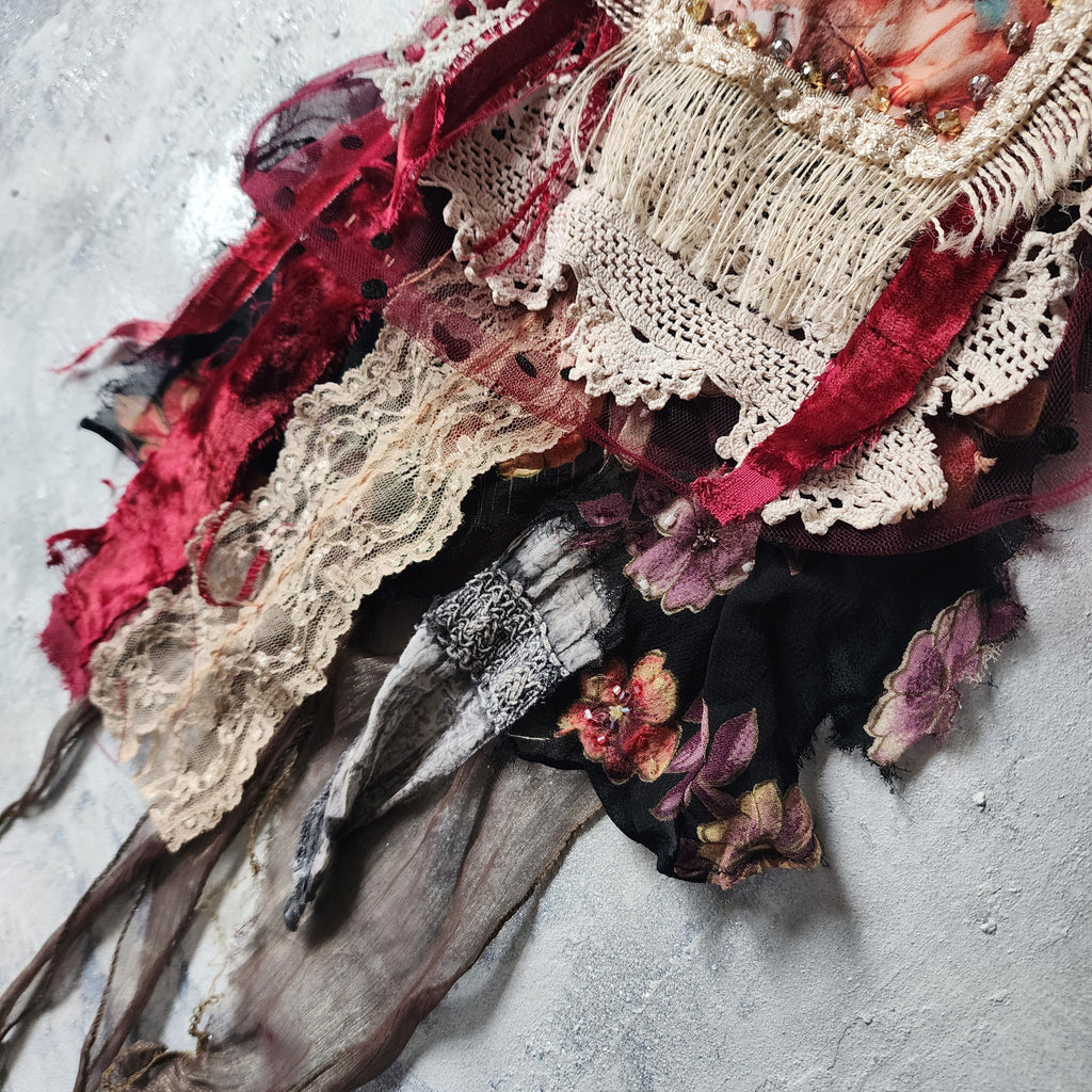 Angels Bordeaux / Victorian Jabot Avangard Upcycled Accessories Vintage Lace Burgundy Velvet Magnolia Sustainable Designer Concept