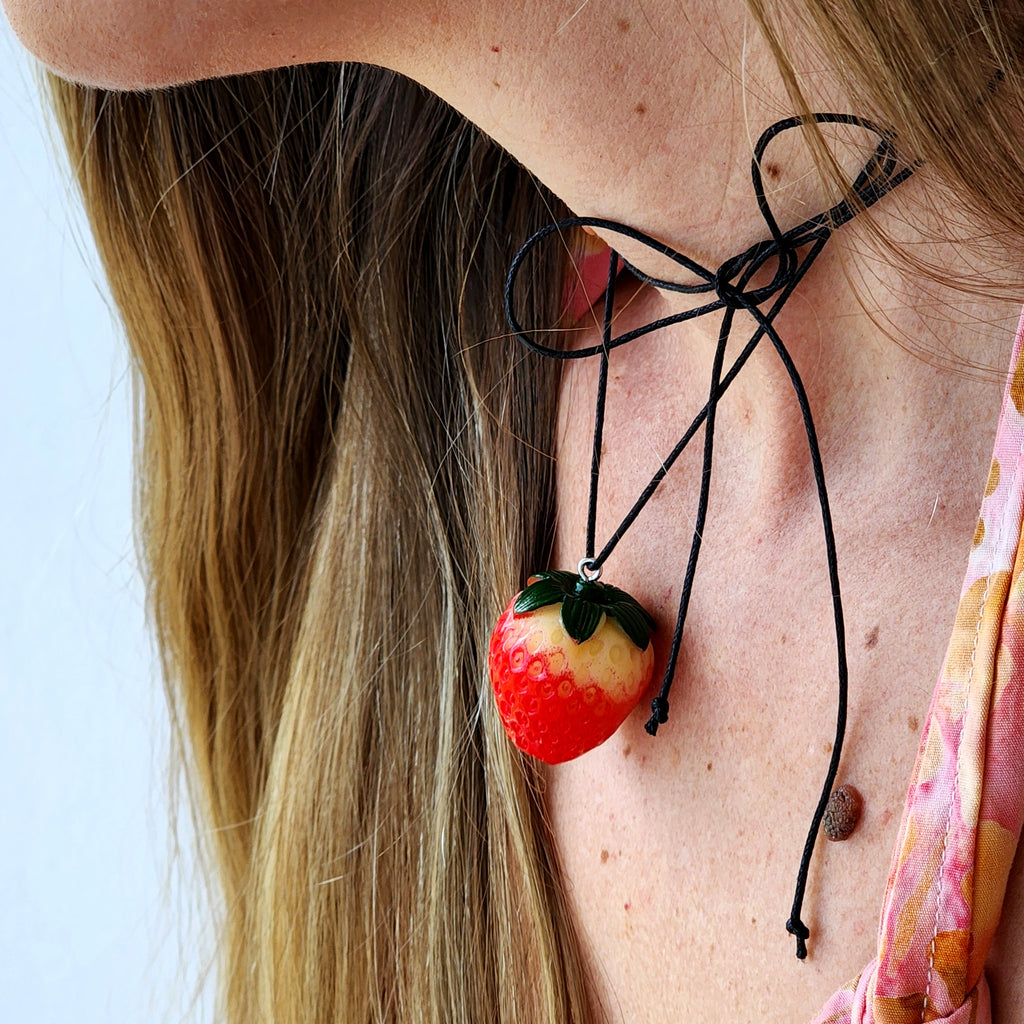 Strawberry Babe / Boho Jewelry Avangard Vintage Toy Choker Flower Bow Strawberry Upcycled Recycled Concept Store