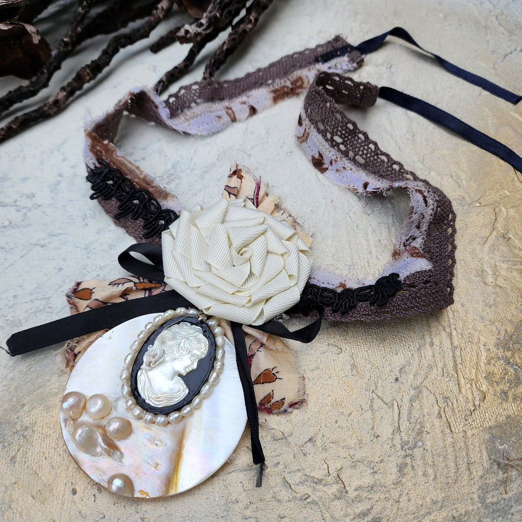 De Piano / Deigner Necklace Shabby Chic Jabot Large Rose Magnolia Black Bow tie Handcrafted Large Cameo Necklace