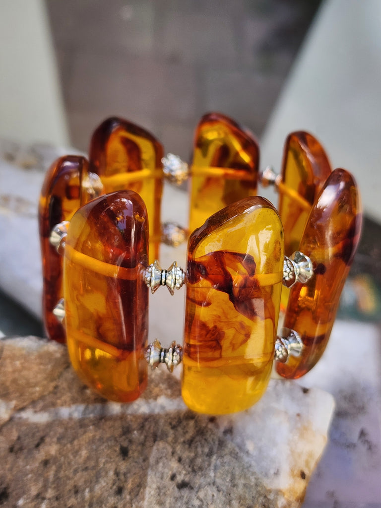 Look Into the Sun / Beeswax Lab Amber silver plated Resin atural Polymer Large Amber Bracelet Honey Color