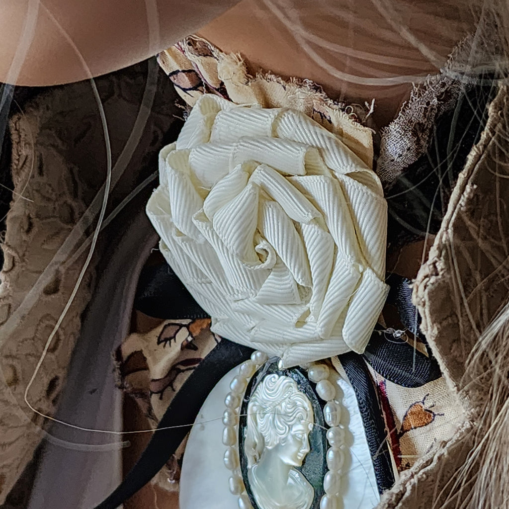 De Piano / Deigner Necklace Shabby Chic Jabot Large Rose Magnolia Black Bow tie Handcrafted Large Cameo Necklace