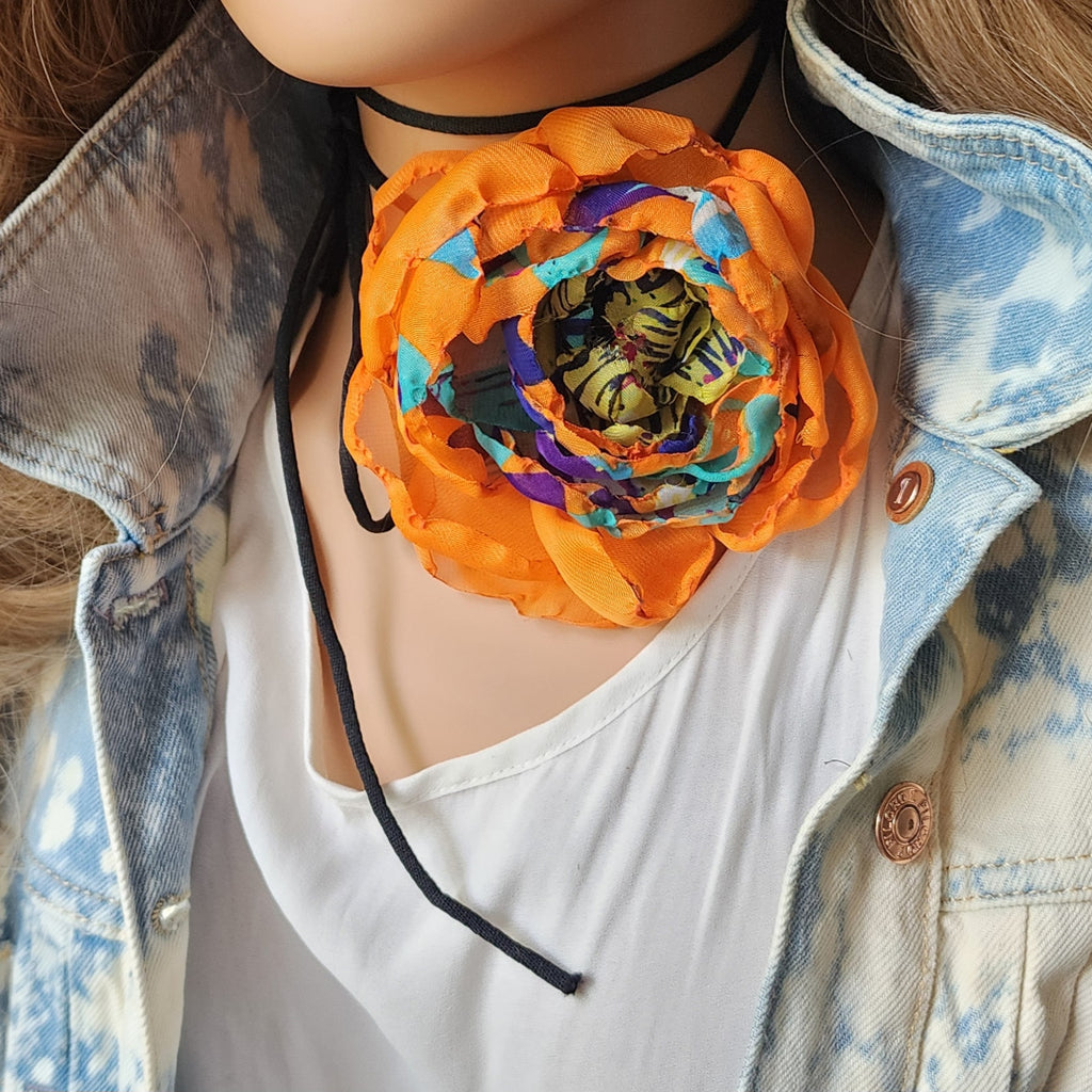 Nexus Rose / Boho Rose Choker Flower Tie Brooch Clip Upcycled Jabot Magnolia Apple Blossom Upcycled Concept Store
