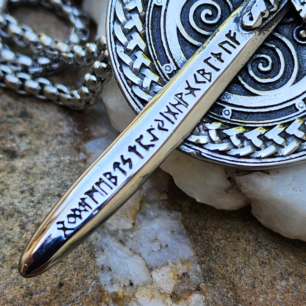Swords And Runes / Unique Necklace for Men Silver Necklace Pendant Gift Guy Mens Gift Idea
