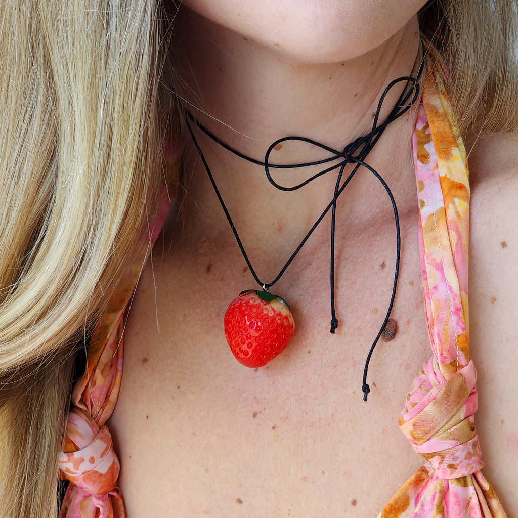 Strawberry Babe / Boho Jewelry Avangard Vintage Toy Choker Flower Bow Strawberry Upcycled Recycled Concept Store