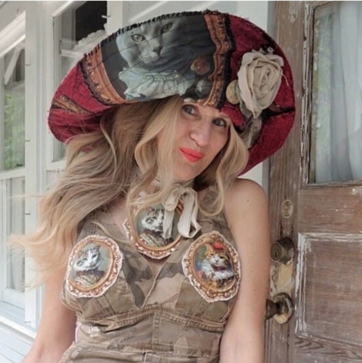Baroque Cat / Burgundy Denim Designer Top Hat Ripped Patched Cottage Hand Stitched Of-White Peony/Rose Pin