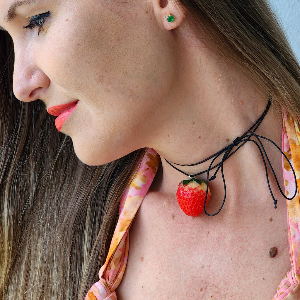 Strawberry Babe / Boho Jewelry Avangard Vintage Toy Choker Flower Bow Strawberry Upcycled Recycled Concept Store