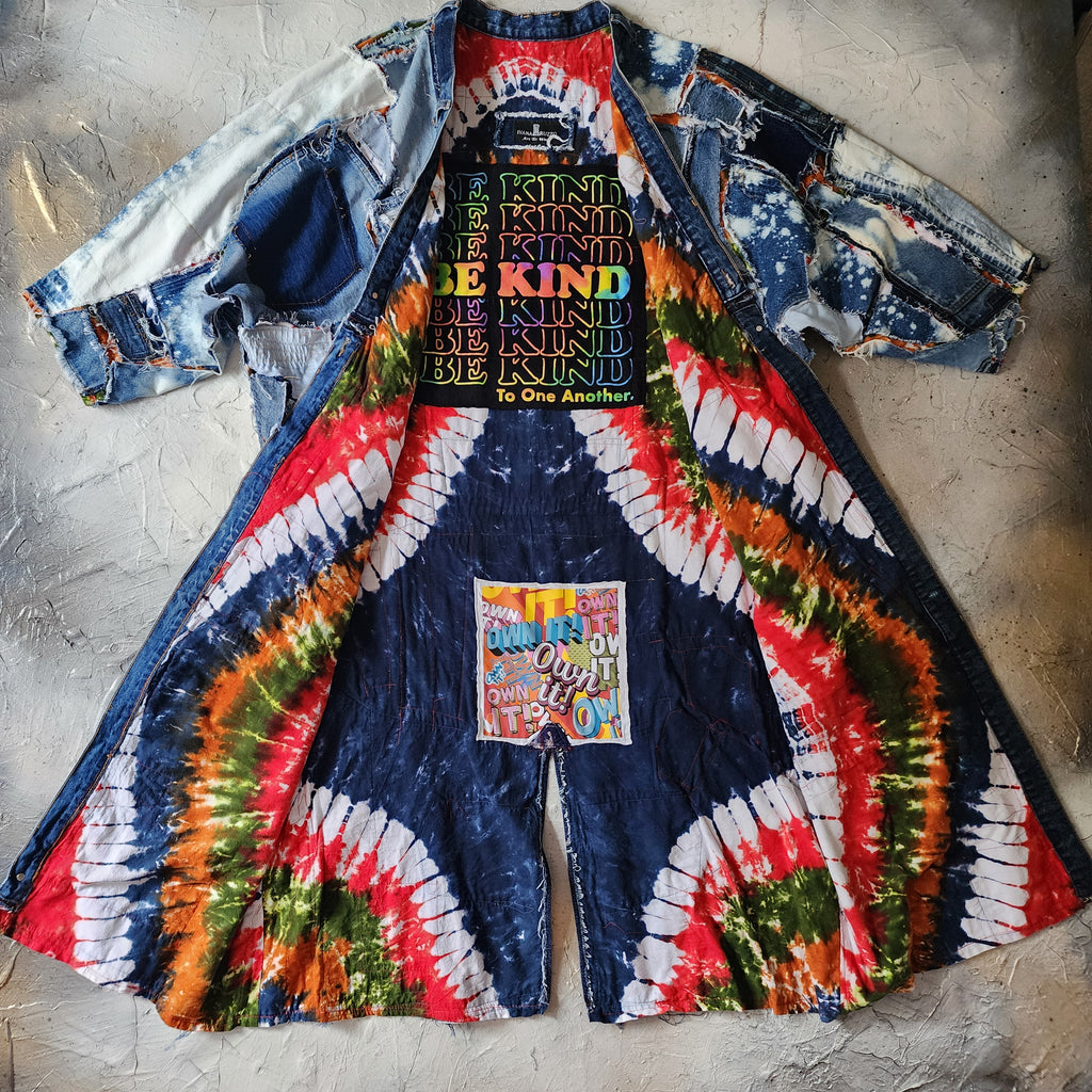 Marilyn Tattoo Shop / Boho Kimono Duster Upcycled Vintage Denim Concept Tatoo Marilyn Monroe Patchwork Kimono