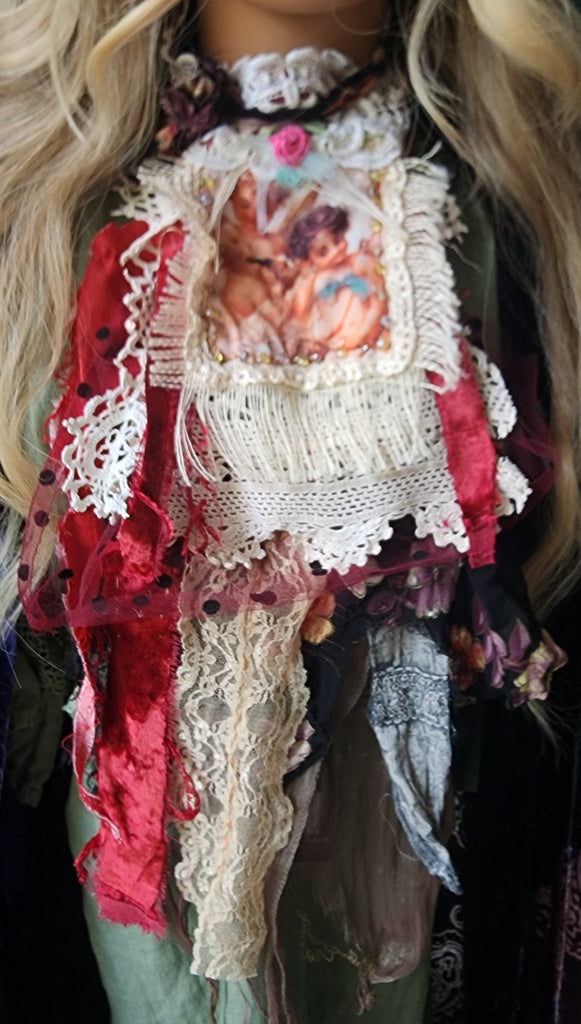 Angels Bordeaux / Victorian Jabot Avangard Upcycled Accessories Vintage Lace Burgundy Velvet Magnolia Sustainable Designer Concept