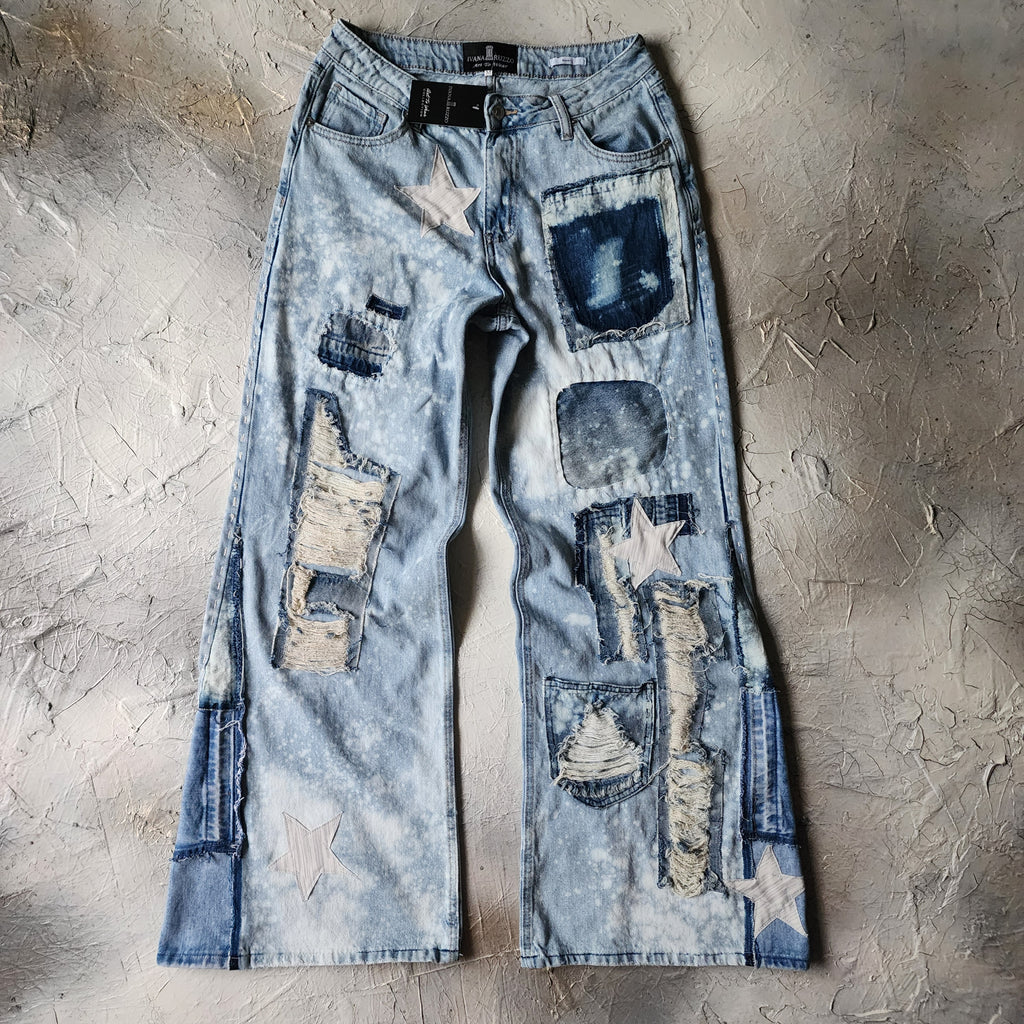 No Time For Fake People / Designer Upcycled Blue Denim Jeans Boyfriend Recycled Couture Baggy Wide-Leg Concept Streetwear