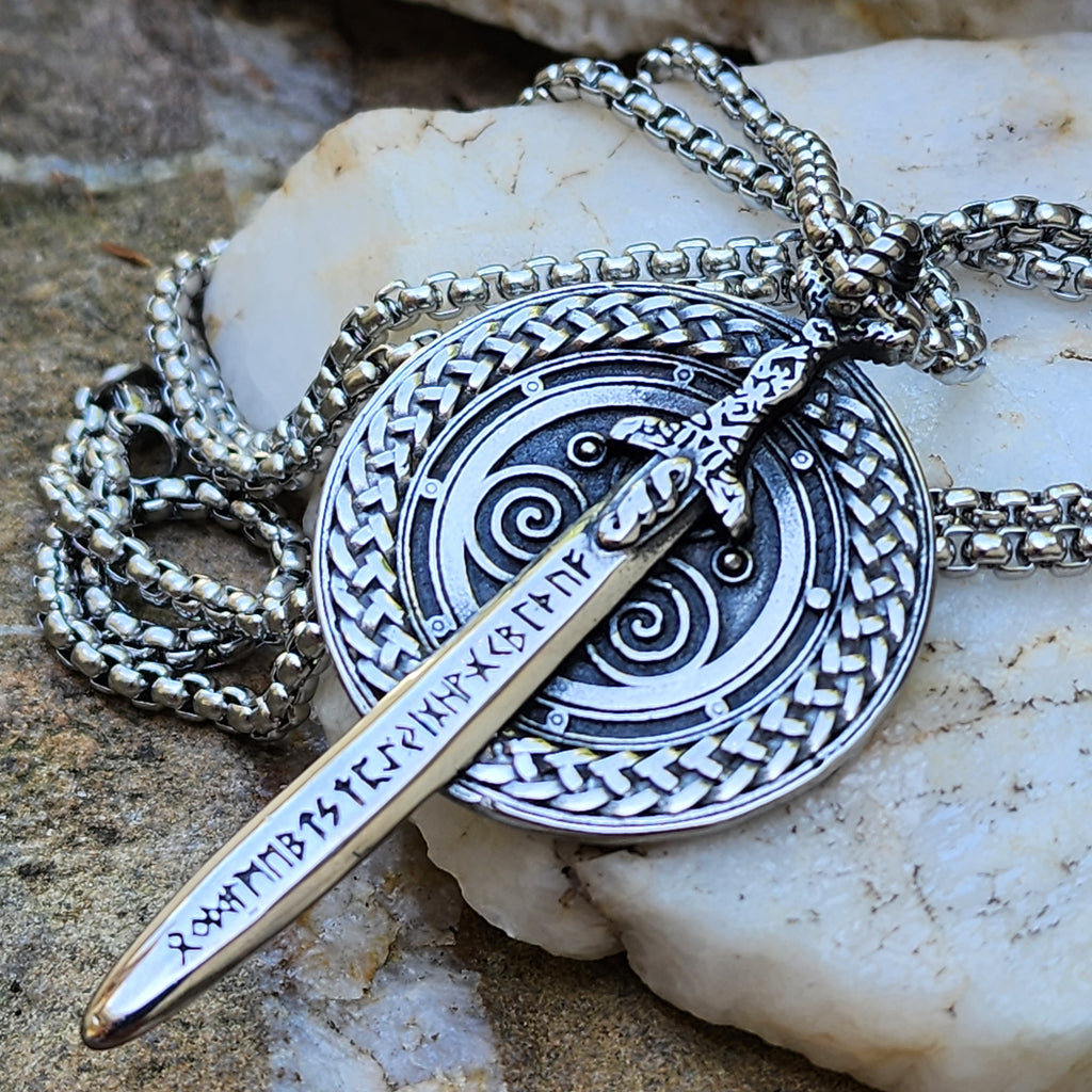 Swords And Runes / Unique Necklace for Men Silver Necklace Pendant Gift Guy Mens Gift Idea