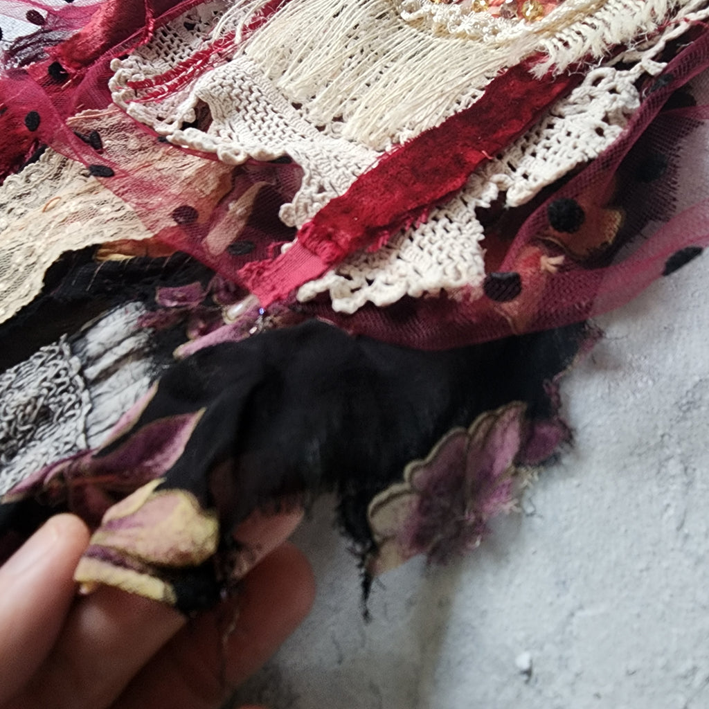 Angels Bordeaux / Victorian Jabot Avangard Upcycled Accessories Vintage Lace Burgundy Velvet Magnolia Sustainable Designer Concept