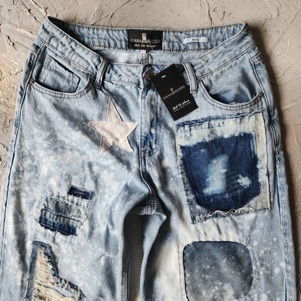 No Time For Fake People / Designer Upcycled Blue Denim Jeans Boyfriend Recycled Couture Baggy Wide-Leg Concept Streetwear