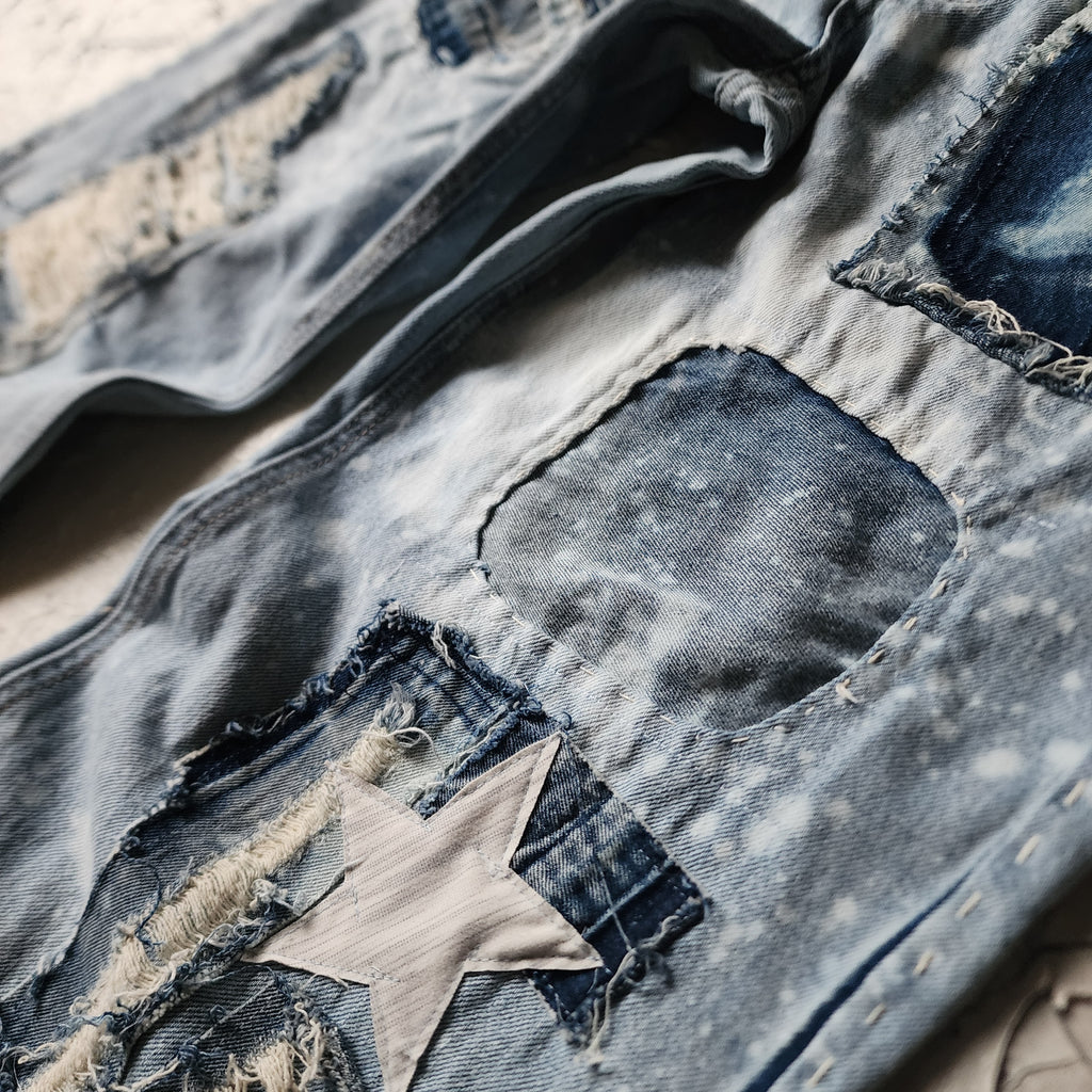 No Time For Fake People / Designer Upcycled Blue Denim Jeans Boyfriend Recycled Couture Baggy Wide-Leg Concept Streetwear