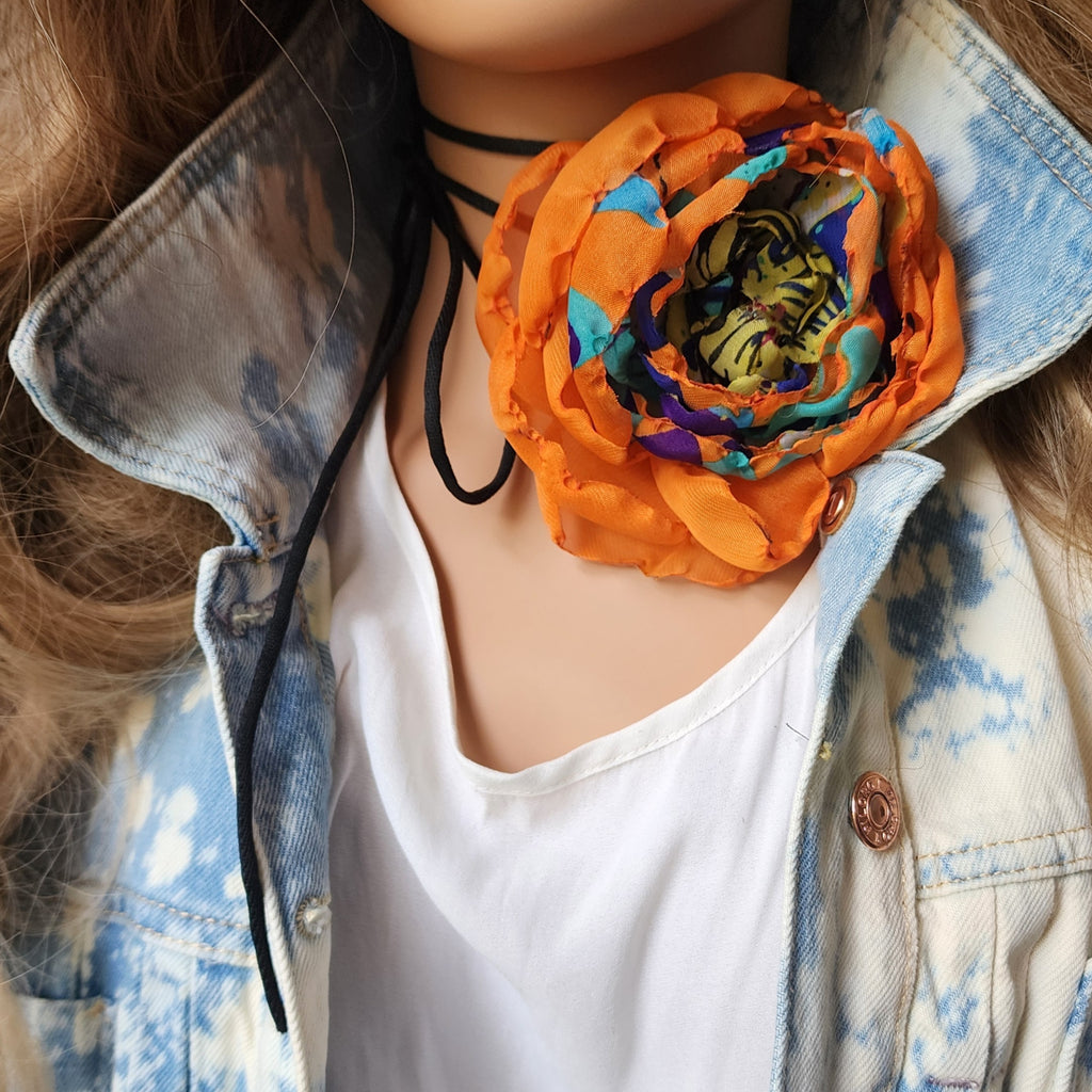 Nexus Rose / Boho Rose Choker Flower Tie Brooch Clip Upcycled Jabot Magnolia Apple Blossom Upcycled Concept Store