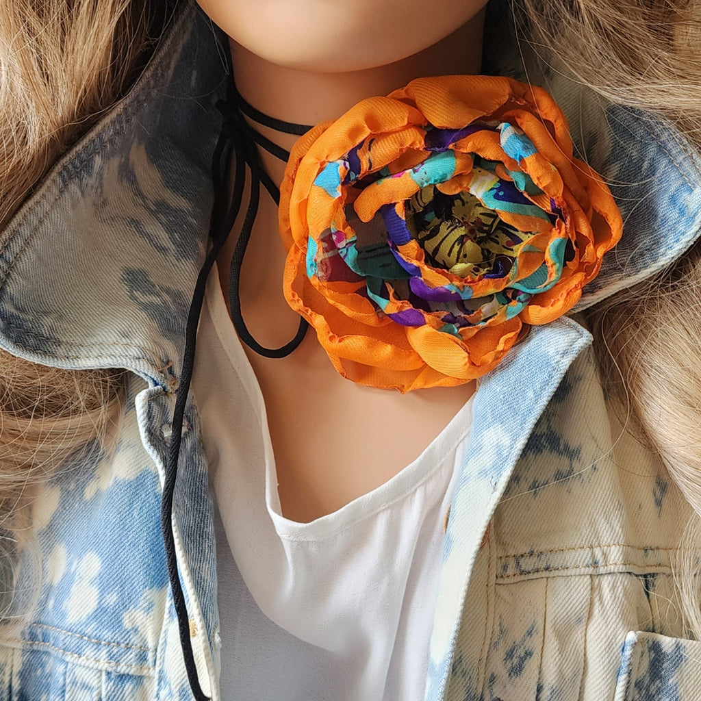 Nexus Rose / Boho Rose Choker Flower Tie Brooch Clip Upcycled Jabot Magnolia Apple Blossom Upcycled Concept Store