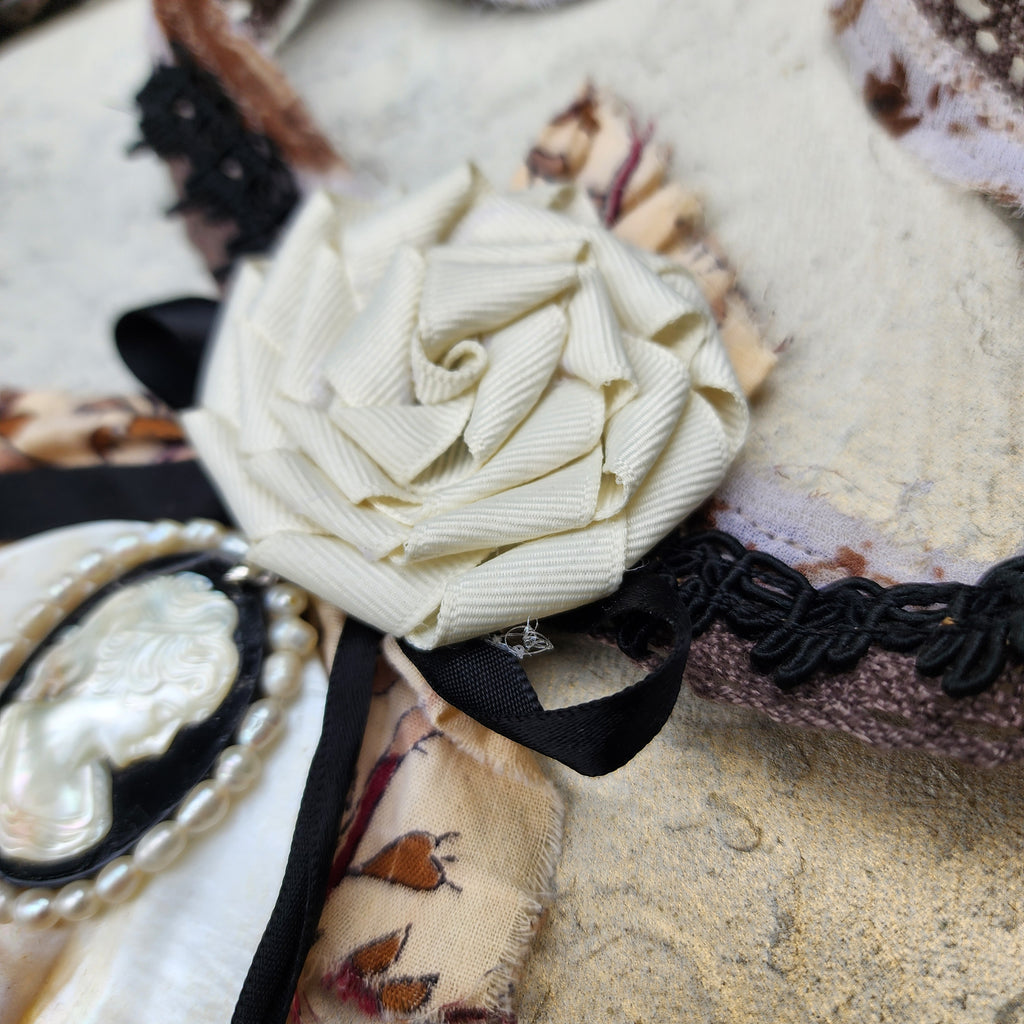 De Piano / Deigner Necklace Shabby Chic Jabot Large Rose Magnolia Black Bow tie Handcrafted Large Cameo Necklace