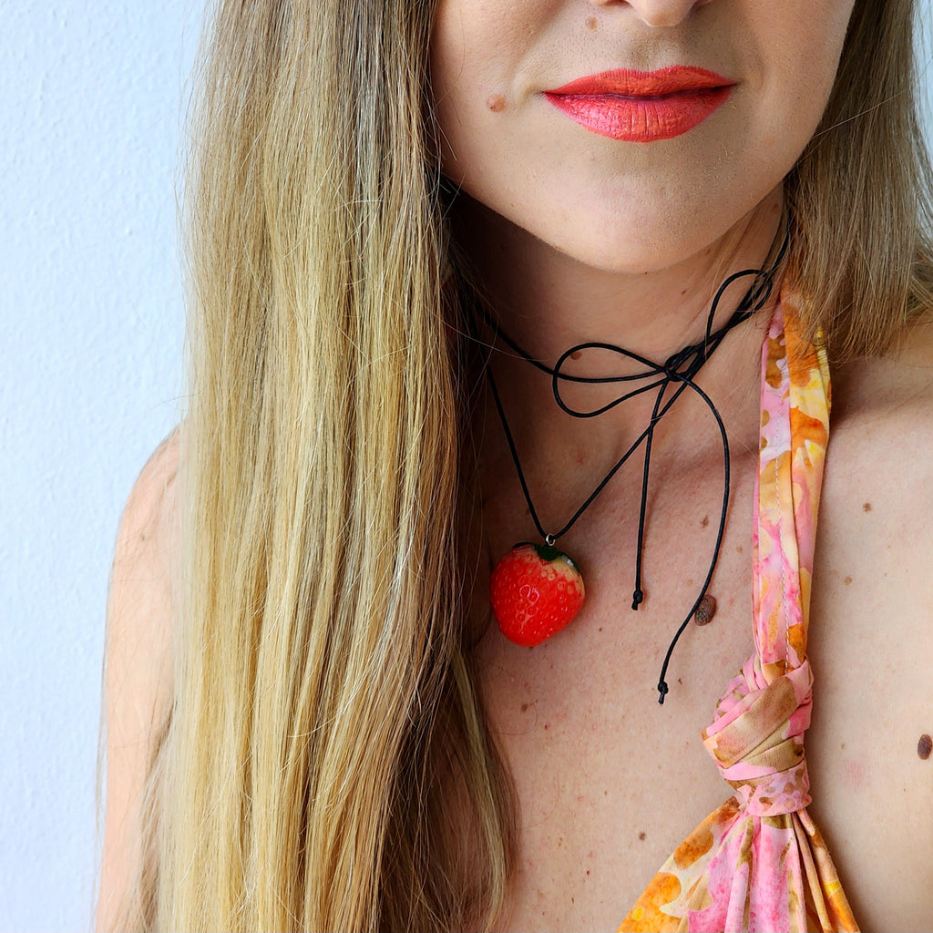 Strawberry Babe / Boho Jewelry Avangard Vintage Toy Choker Flower Bow Strawberry Upcycled Recycled Concept Store
