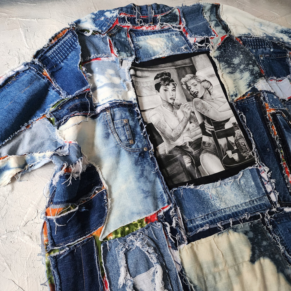 Marilyn Tattoo Shop / Boho Kimono Duster Upcycled Vintage Denim Concept Tatoo Marilyn Monroe Patchwork Kimono