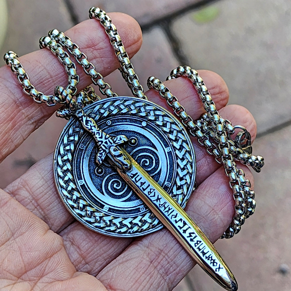 Swords And Runes / Unique Necklace for Men Silver Necklace Pendant Gift Guy Mens Gift Idea