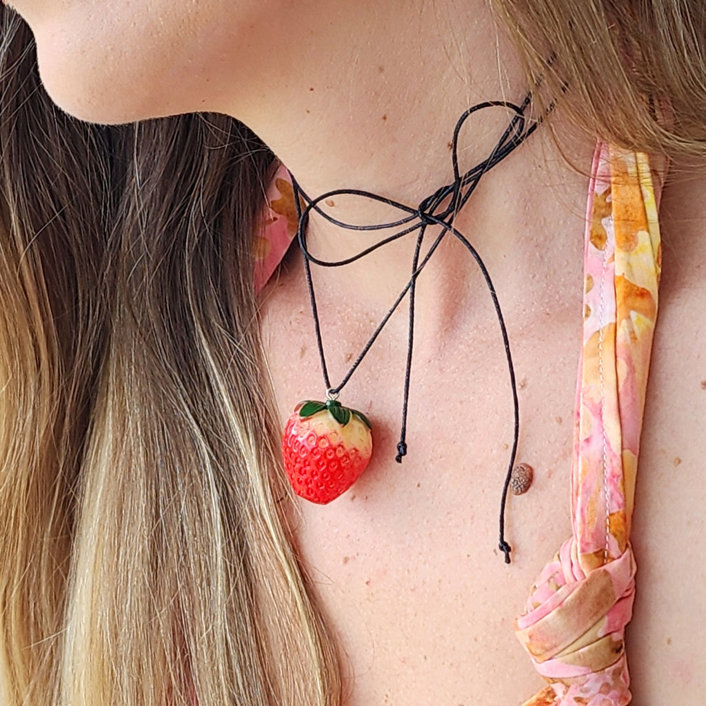 Strawberry Babe / Boho Jewelry Avangard Vintage Toy Choker Flower Bow Strawberry Upcycled Recycled Concept Store