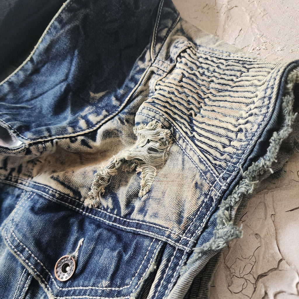 NEW STUFF / Designer Techwear Upcycled Raw Denim Vest Denim Vest Man size M Long Hippie Man Vest Concept Boro Visvim Patchwork