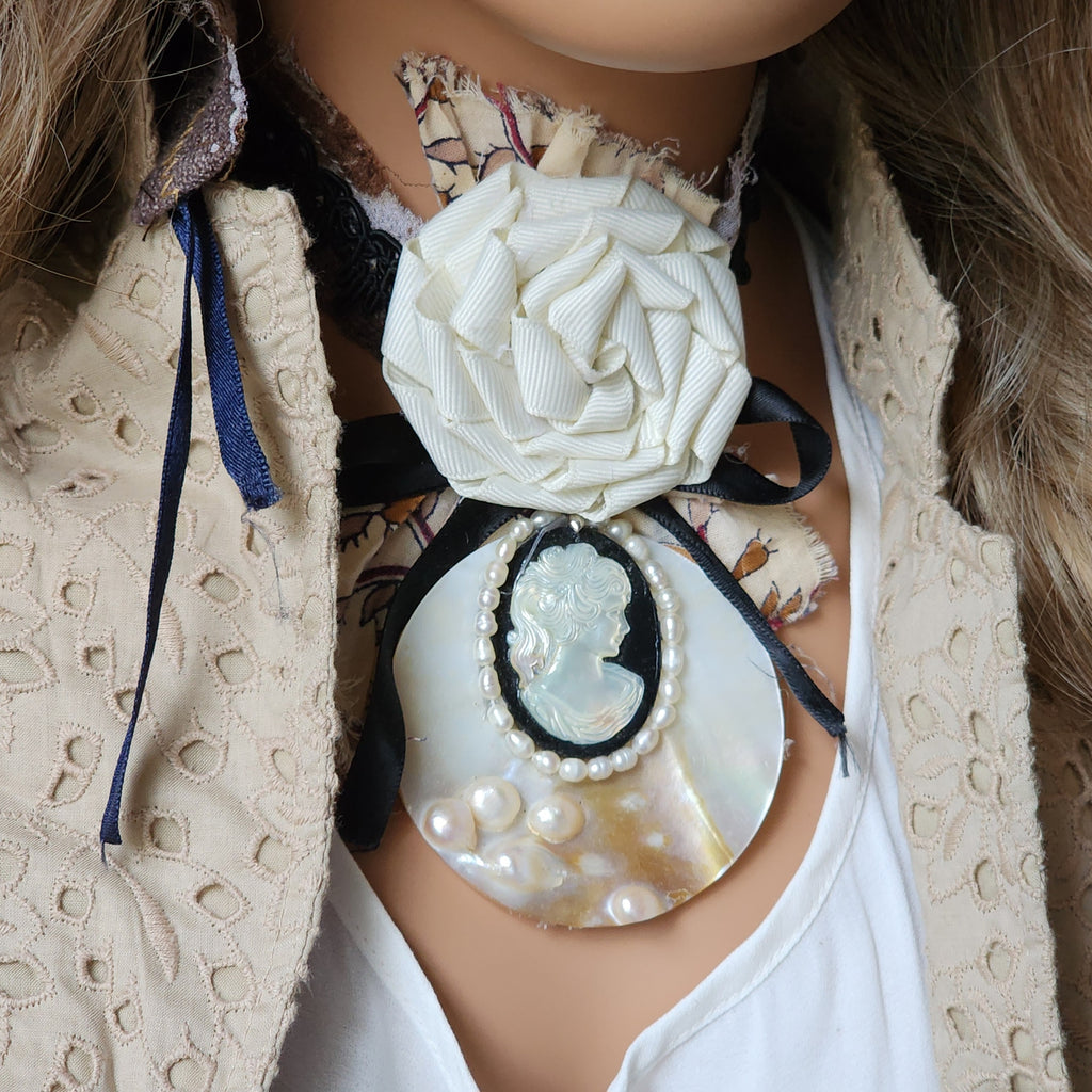 De Piano / Deigner Necklace Shabby Chic Jabot Large Rose Magnolia Black Bow tie Handcrafted Large Cameo Necklace