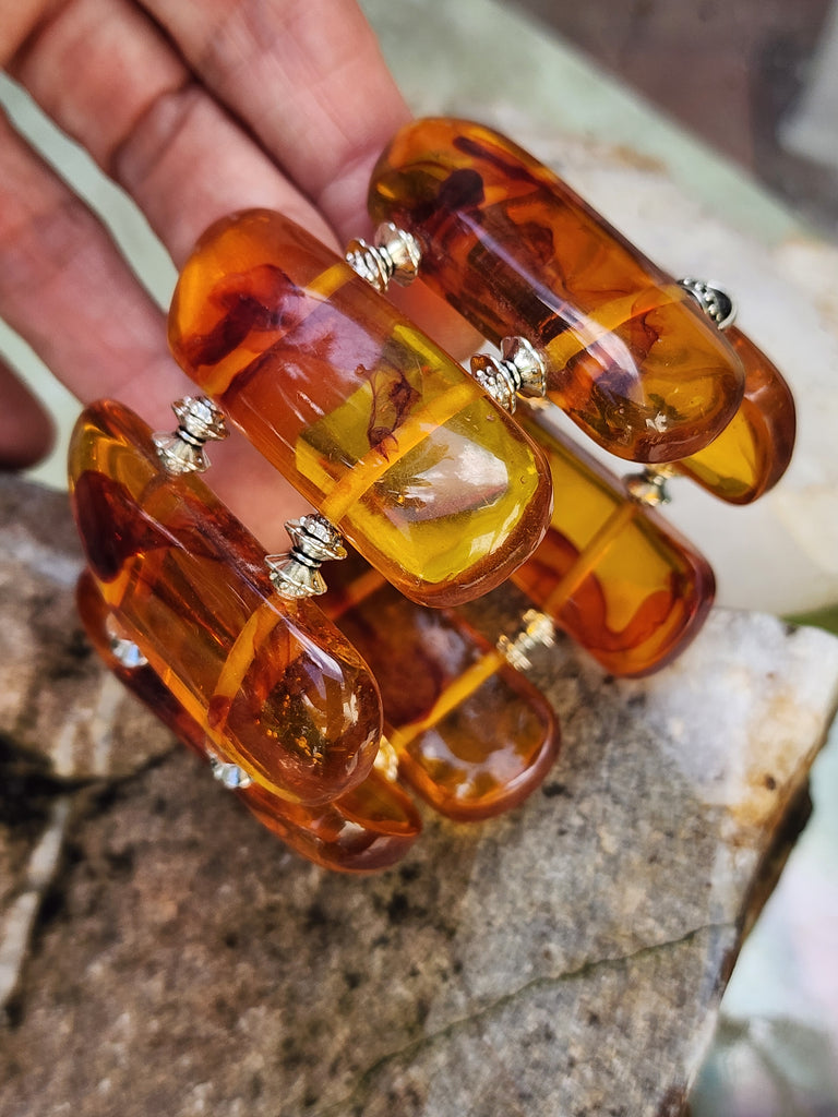 Look Into the Sun / Beeswax Lab Amber silver plated Resin atural Polymer Large Amber Bracelet Honey Color