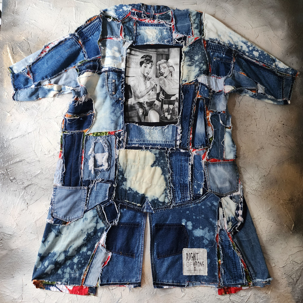 Marilyn Tattoo Shop / Boho Kimono Duster Upcycled Vintage Denim Concept Tatoo Marilyn Monroe Patchwork Kimono