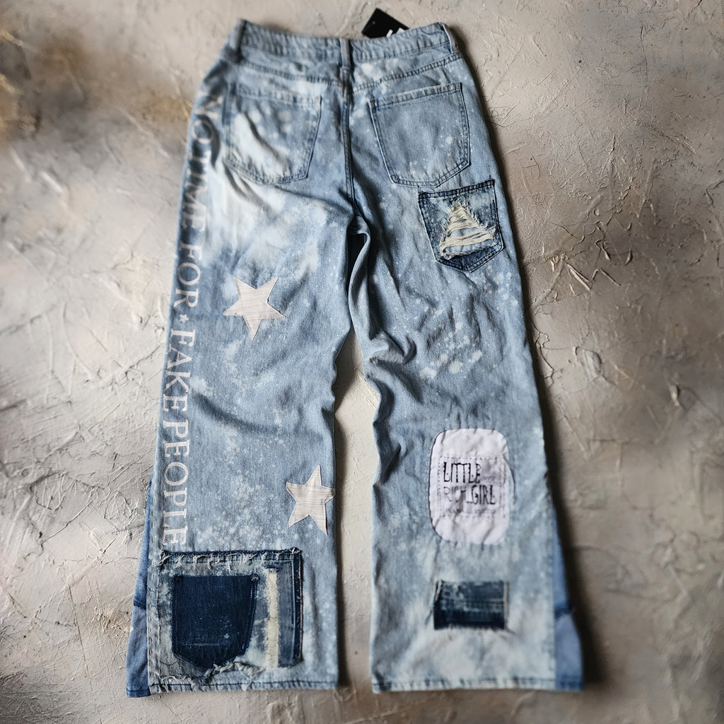 No Time For Fake People / Designer Upcycled Blue Denim Jeans Boyfriend Recycled Couture Baggy Wide-Leg Concept Streetwear