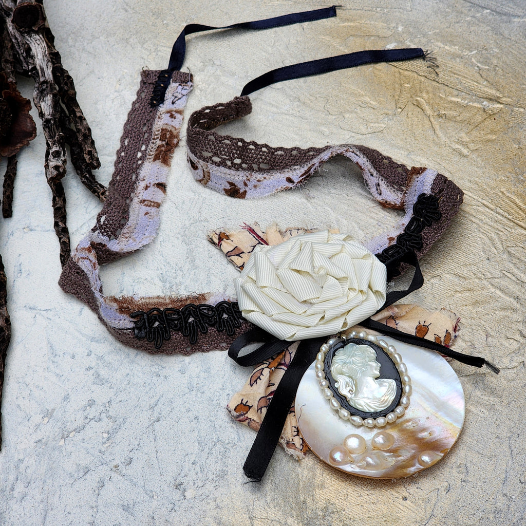 De Piano / Deigner Necklace Shabby Chic Jabot Large Rose Magnolia Black Bow tie Handcrafted Large Cameo Necklace