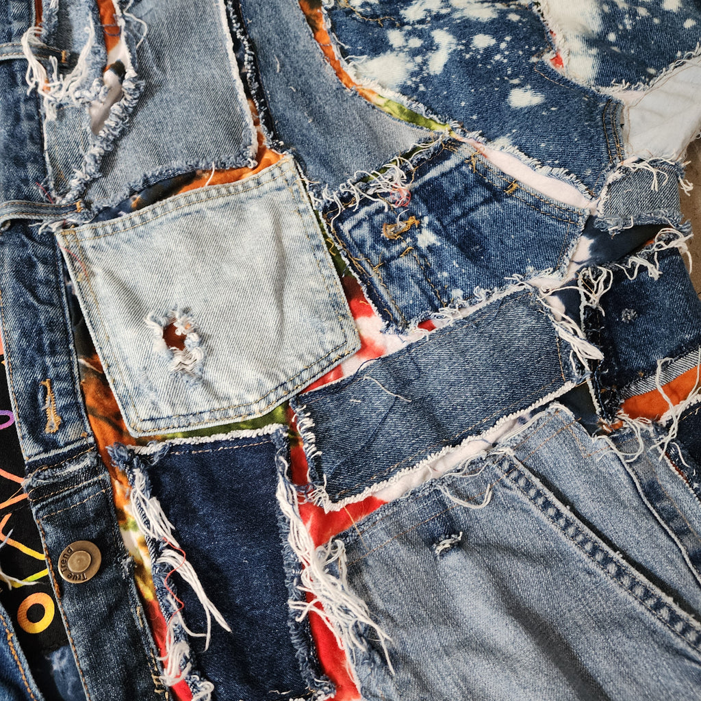 Marilyn Tattoo Shop / Boho Kimono Duster Upcycled Vintage Denim Concept Tatoo Marilyn Monroe Patchwork Kimono