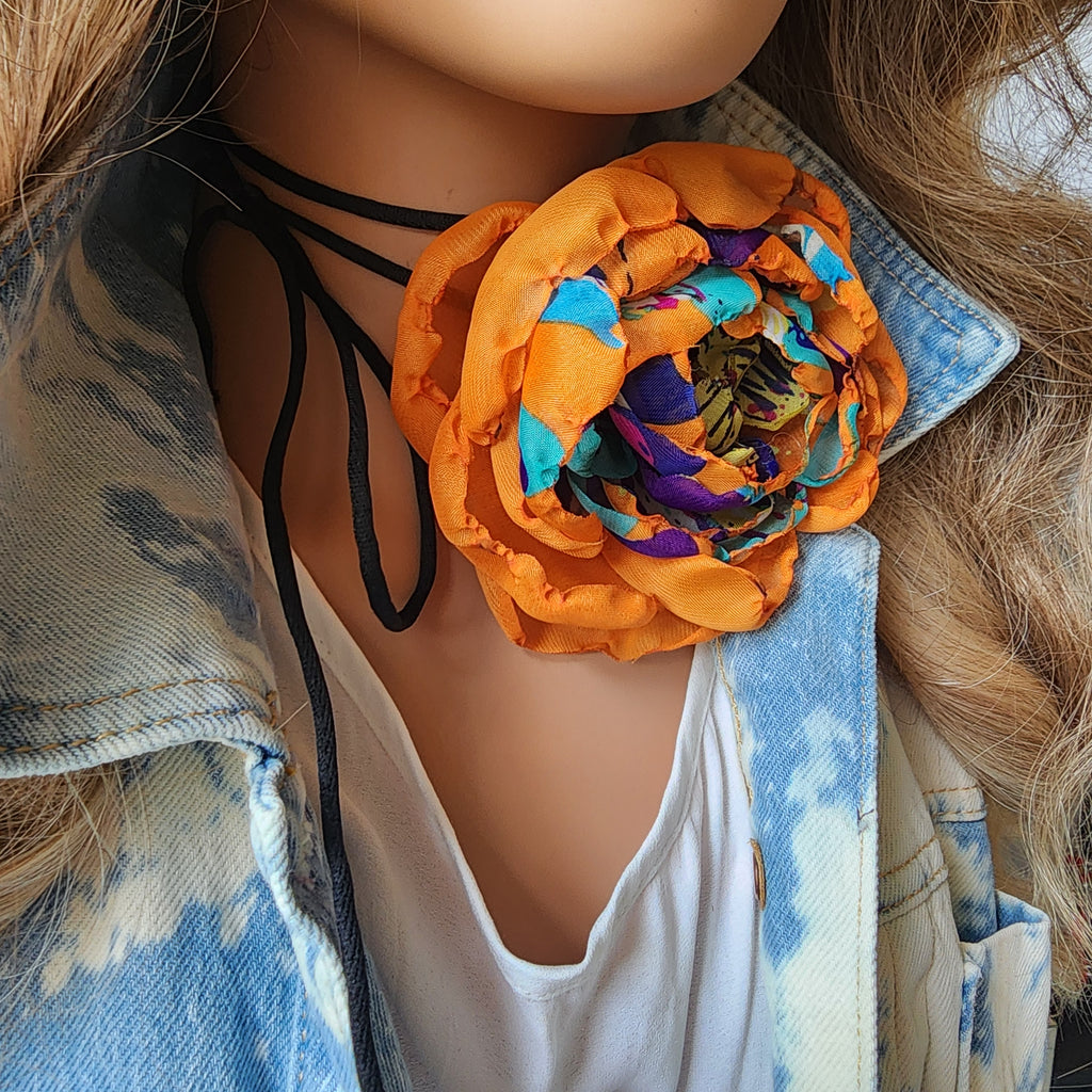 Nexus Rose / Boho Rose Choker Flower Tie Brooch Clip Upcycled Jabot Magnolia Apple Blossom Upcycled Concept Store