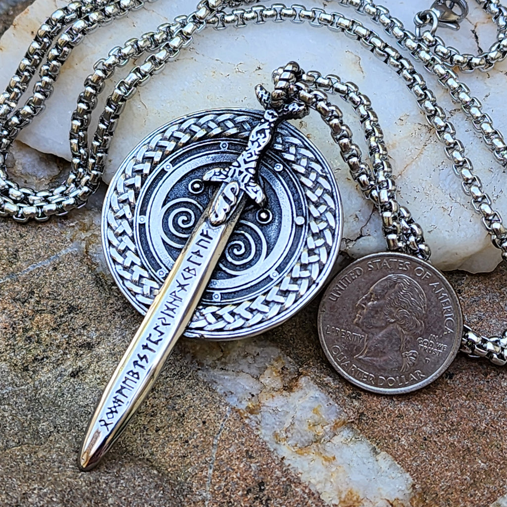 Swords And Runes / Unique Necklace for Men Silver Necklace Pendant Gift Guy Mens Gift Idea